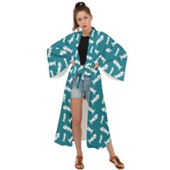 Fish Teal Blue Pattern Maxi Kimono