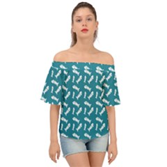 Fish Teal Blue Pattern Off Shoulder Short Sleeve Top