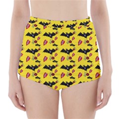 Bat Rose Lips Yellow Pattern High-waisted Bikini Bottoms by snowwhitegirl