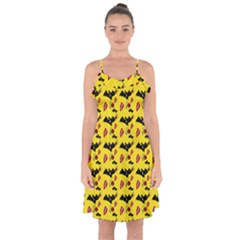 Bat Rose Lips Yellow Pattern Ruffle Detail Chiffon Dress by snowwhitegirl