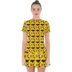 Bat Rose Lips Yellow Pattern Drop Hem Mini Chiffon Dress by snowwhitegirl