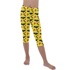 Bat Rose Lips Yellow Pattern Kids  Lightweight Velour Capri Leggings  by snowwhitegirl