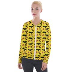 Bat Rose Lips Yellow Pattern Velour Zip Up Jacket by snowwhitegirl