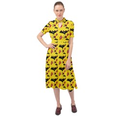 Bat Rose Lips Yellow Pattern Keyhole Neckline Chiffon Dress