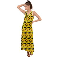 Bat Rose Lips Yellow Pattern V-neck Chiffon Maxi Dress by snowwhitegirl