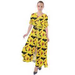 Bat Rose Lips Yellow Pattern Waist Tie Boho Maxi Dress