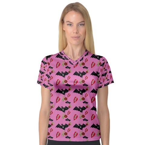 Bat Rose Lips Pink Pattern V-neck Sport Mesh Tee by snowwhitegirl