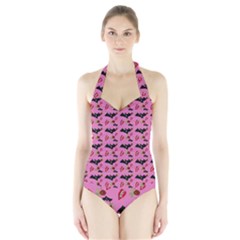 Bat Rose Lips Pink Pattern Halter Swimsuit by snowwhitegirl