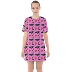 Bat Rose Lips Pink Pattern Sixties Short Sleeve Mini Dress by snowwhitegirl