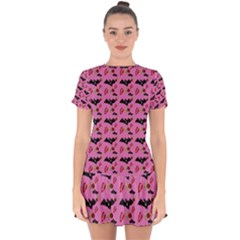 Bat Rose Lips Pink Pattern Drop Hem Mini Chiffon Dress by snowwhitegirl