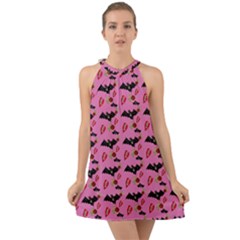 Bat Rose Lips Pink Pattern Halter Tie Back Chiffon Dress by snowwhitegirl