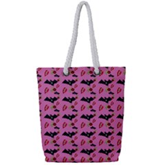 Bat Rose Lips Pink Pattern Full Print Rope Handle Tote (small) by snowwhitegirl