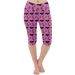 Bat Rose Lips Pink Pattern Lightweight Velour Cropped Yoga Leggings by snowwhitegirl