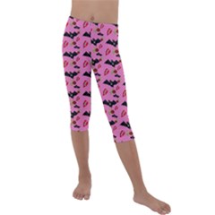 Bat Rose Lips Pink Pattern Kids  Lightweight Velour Capri Leggings  by snowwhitegirl