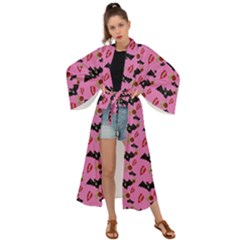 Bat Rose Lips Pink Pattern Maxi Kimono by snowwhitegirl