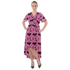 Bat Rose Lips Pink Pattern Front Wrap High Low Dress