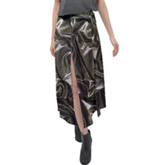 Metallic Silver Satin Velour Split Maxi Skirt