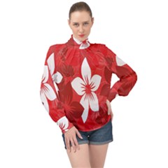 Tropical Red Flowers High Neck Long Sleeve Chiffon Top