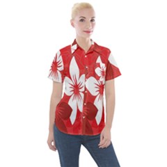 Tropical Red Flowers Women s Short Sleeve Pocket Shirt