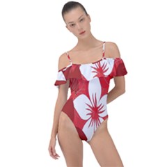 Tropical Red Flowers Frill Detail One Piece Swimsuit