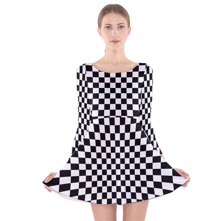 Illusion Checkerboard Black And White Pattern Long Sleeve Velvet Skater Dress