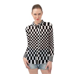 Illusion Checkerboard Black And White Pattern Long Sleeve Chiffon Shirt