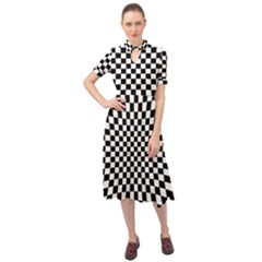 Illusion Checkerboard Black And White Pattern Keyhole Neckline Chiffon Dress