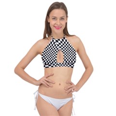 Illusion Checkerboard Black And White Pattern Cross Front Halter Bikini Top