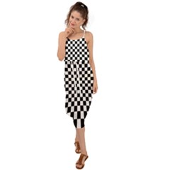 Illusion Checkerboard Black And White Pattern Waist Tie Cover Up Chiffon Dress