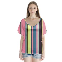 Stripes Colorful Wallpaper Seamless V-neck Flutter Sleeve Top by Vaneshart