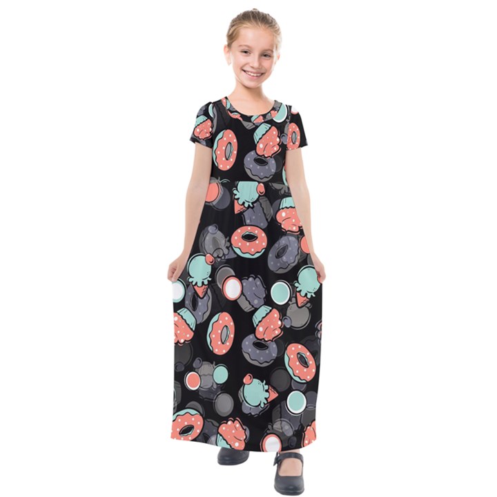 Seamless Sweets Background Kids  Short Sleeve Maxi Dress