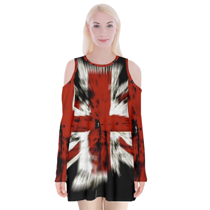 British Flag Velvet Long Sleeve Shoulder Cutout Dress