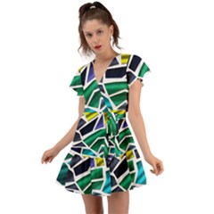 Mosaic Shapes Flutter Sleeve Wrap Dress