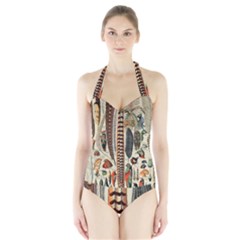 Feathers Birds Vintage Art Halter Swimsuit by Vaneshart