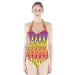 Retro Colorful Waves Background Halter Swimsuit by Vaneshart