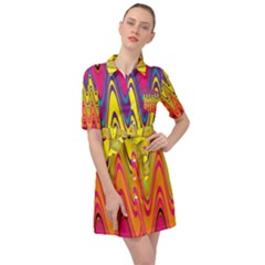 Retro Colorful Waves Background Belted Shirt Dress