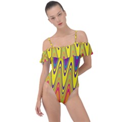 Retro Colorful Waves Background Frill Detail One Piece Swimsuit