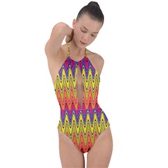 Retro Colorful Waves Background Plunge Cut Halter Swimsuit