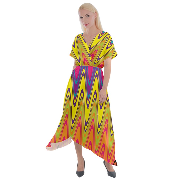 Retro Colorful Waves Background Cross Front Sharkbite Hem Maxi Dress