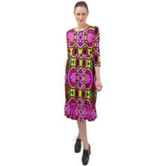 Abstract Background Pattern Ruffle End Midi Chiffon Dress