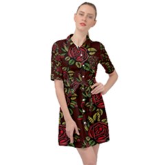 Flower Seamless Tile Background Belted Shirt Dress