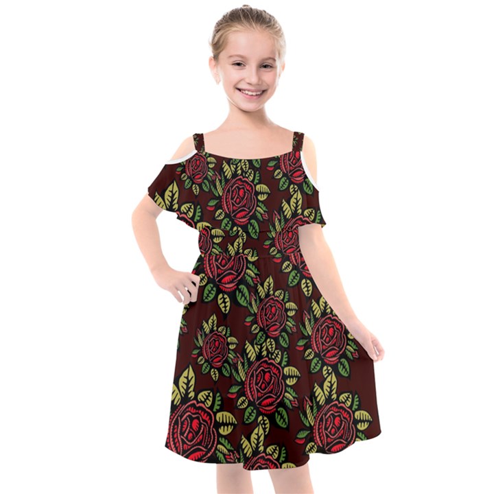 Flower Seamless Tile Background Kids  Cut Out Shoulders Chiffon Dress