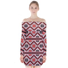 Folklore Ethnic Pattern Background Long Sleeve Off Shoulder Dress by Vaneshart