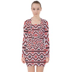 Folklore Ethnic Pattern Background V-neck Bodycon Long Sleeve Dress by Vaneshart