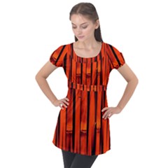 Orange Seamless Bamboo Background Puff Sleeve Tunic Top by Vaneshart