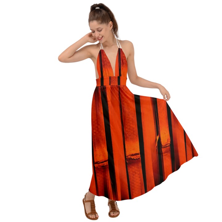 Orange Seamless Bamboo Background Backless Maxi Beach Dress