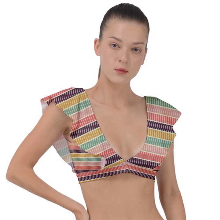 Vintage Stripes Lines Background Plunge Frill Sleeve Bikini Top