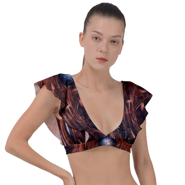 Peacock World Plunge Frill Sleeve Bikini Top