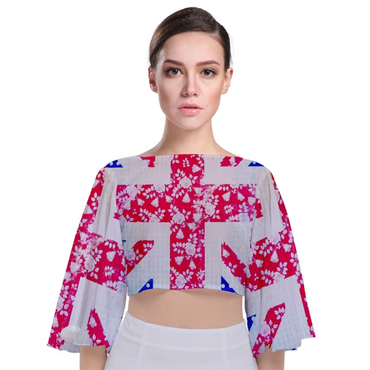 British Flag Abstract Tie Back Butterfly Sleeve Chiffon Top