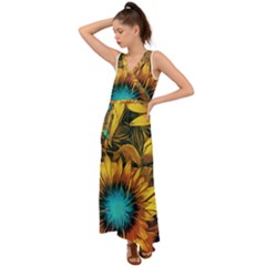 Floral Pattern Background V-neck Chiffon Maxi Dress